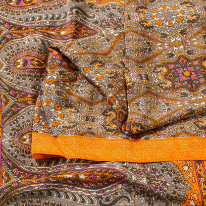 Sanskriti Vintage Sarees Craft Supplies Gray Floral Print 5+YD Moss Crepe Sari