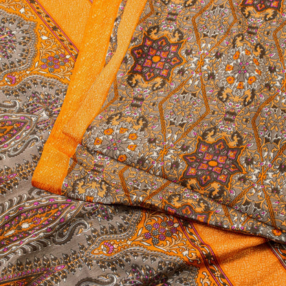Sanskriti Vintage Sarees Craft Supplies Gray Floral Print 5+YD Moss Crepe Sari