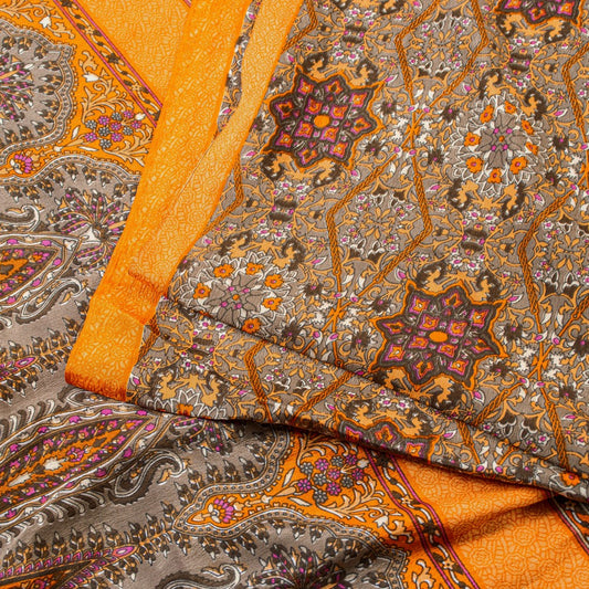 Sanskriti Vintage Sarees Craft Supplies Gray Floral Print 5+YD Moss Crepe Sari