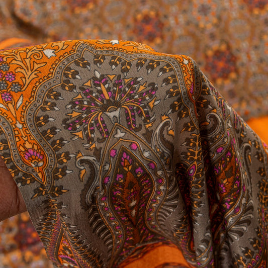 Sanskriti Vintage Sarees Craft Supplies Gray Floral Print 5+YD Moss Crepe Sari