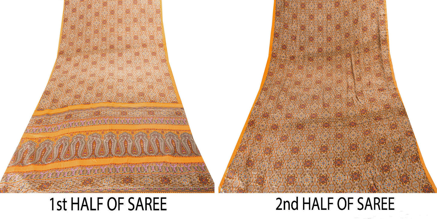 Sanskriti Vintage Sarees Craft Supplies Gray Floral Print 5+YD Moss Crepe Sari
