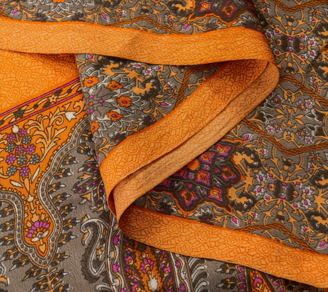 Sanskriti Vintage Sarees Craft Supplies Gray Floral Print 5+YD Moss Crepe Sari