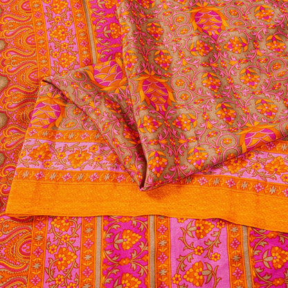 Sanskriti Vintage Sarees Craft Orange & Pink Floral Print 5+YD Moss Crepe Sari