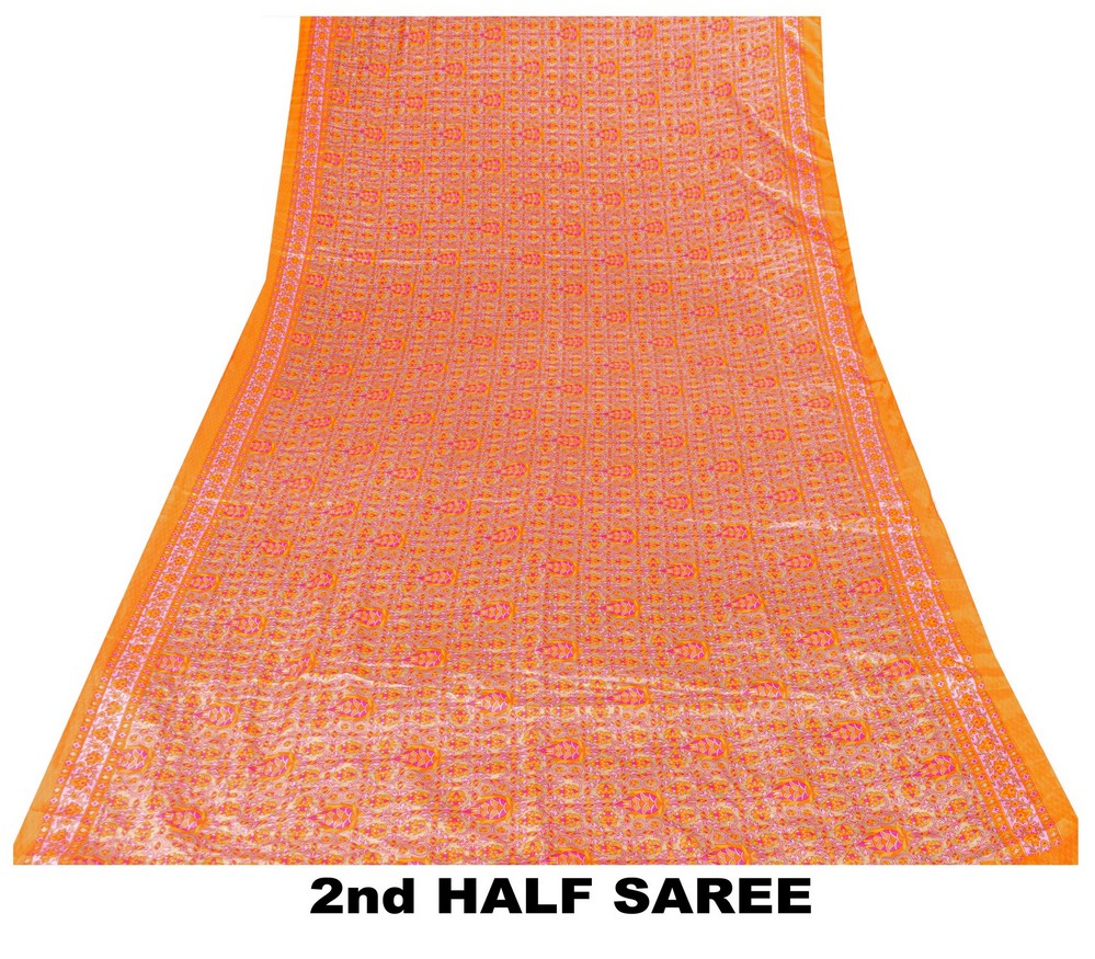 Sanskriti Vintage Sarees Craft Orange & Pink Floral Print 5+YD Moss Crepe Sari