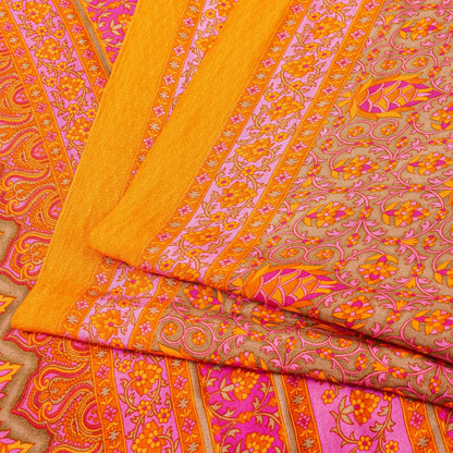 Sanskriti Vintage Sarees Craft Orange & Pink Floral Print 5+YD Moss Crepe Sari