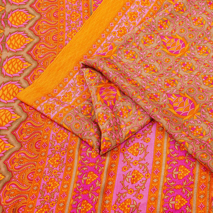 Sanskriti Vintage Sarees Craft Orange & Pink Floral Print 5+YD Moss Crepe Sari