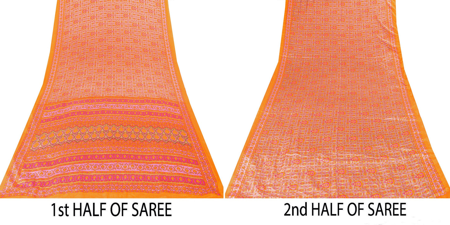 Sanskriti Vintage Sarees Craft Orange & Pink Floral Print 5+YD Moss Crepe Sari
