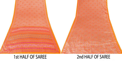 Sanskriti Vintage Sarees Craft Orange & Pink Floral Print 5+YD Moss Crepe Sari
