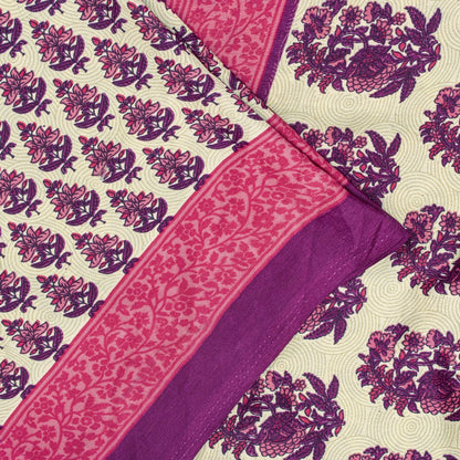 Sanskriti Vintage Saree Ivory & Pink 6+Yd Moss Crepe Saree Craft Supplies Ivory Block Print Floral Decor, Upcycled, Recycled, For Sewing