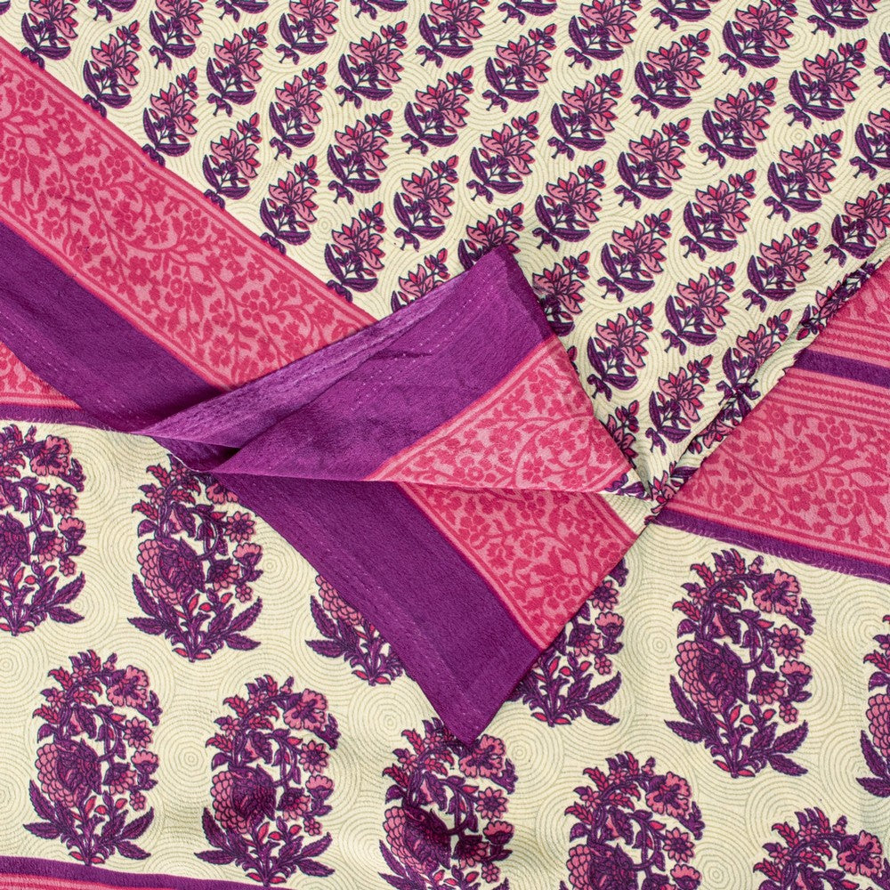 Sanskriti Vintage Saree Ivory & Pink 6+Yd Moss Crepe Saree Craft Supplies Ivory Block Print Floral Decor, Upcycled, Recycled, For Sewing