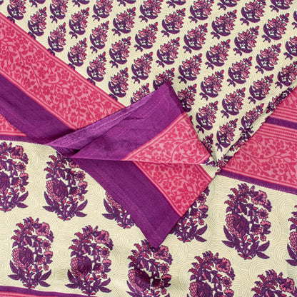 Sanskriti Vintage Saree Ivory & Pink 6+Yd Moss Crepe Saree Craft Supplies Ivory Block Print Floral Decor, Upcycled, Recycled, For Sewing