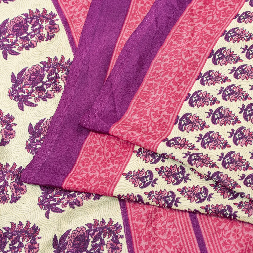 Sanskriti Vintage Saree Ivory & Pink 6+Yd Moss Crepe Saree Craft Supplies Ivory Block Print Floral Decor, Upcycled, Recycled, For Sewing