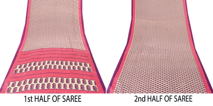 Sanskriti Vintage Saree Ivory & Pink 6+Yd Moss Crepe Saree Craft Supplies Ivory Block Print Floral Decor, Upcycled, Recycled, For Sewing