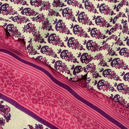 Sanskriti Vintage Saree Ivory & Pink 6+Yd Moss Crepe Saree Craft Supplies Ivory Block Print Floral Decor, Upcycled, Recycled, For Sewing