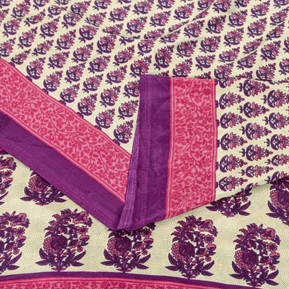 Sanskriti Vintage Saree Ivory & Pink 6+Yd Moss Crepe Saree Craft Supplies Ivory Block Print Floral Decor, Upcycled, Recycled, For Sewing