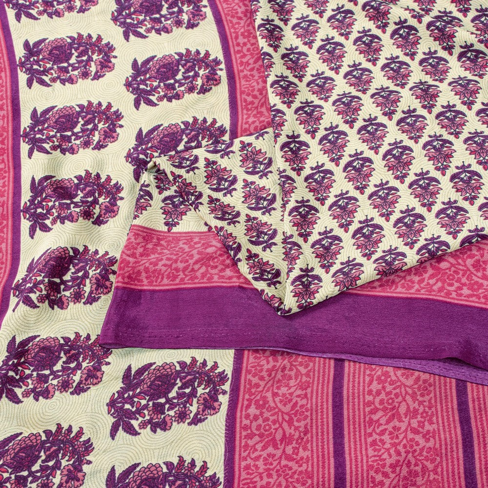 Sanskriti Vintage Saree Ivory & Pink 6+Yd Moss Crepe Saree Craft Supplies Ivory Block Print Floral Decor, Upcycled, Recycled, For Sewing