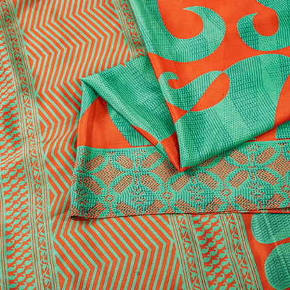 Sanskriti Vintage Sarees Craft Supplies Green Paisley Print 5YD Moss Crepe Sari