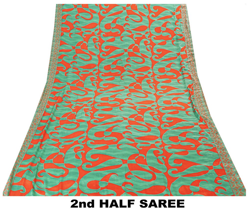 Sanskriti Vintage Sarees Craft Supplies Green Paisley Print 5YD Moss Crepe Sari