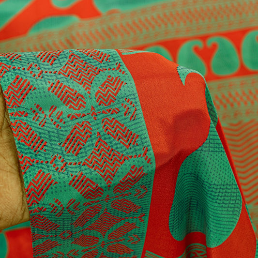 Sanskriti Vintage Sarees Craft Supplies Green Paisley Print 5YD Moss Crepe Sari