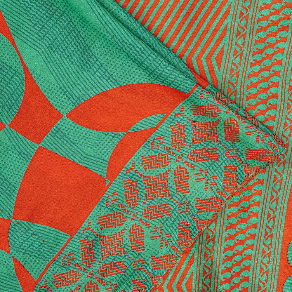 Sanskriti Vintage Sarees Craft Supplies Green Paisley Print 5YD Moss Crepe Sari
