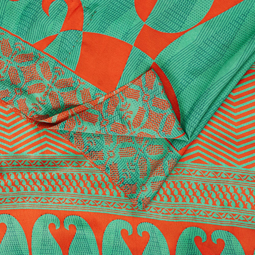 Sanskriti Vintage Sarees Craft Supplies Green Paisley Print 5YD Moss Crepe Sari