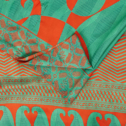 Sanskriti Vintage Sarees Craft Supplies Green Paisley Print 5YD Moss Crepe Sari