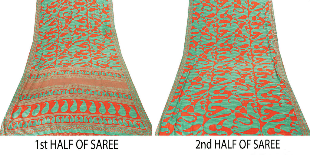 Sanskriti Vintage Sarees Craft Supplies Green Paisley Print 5YD Moss Crepe Sari