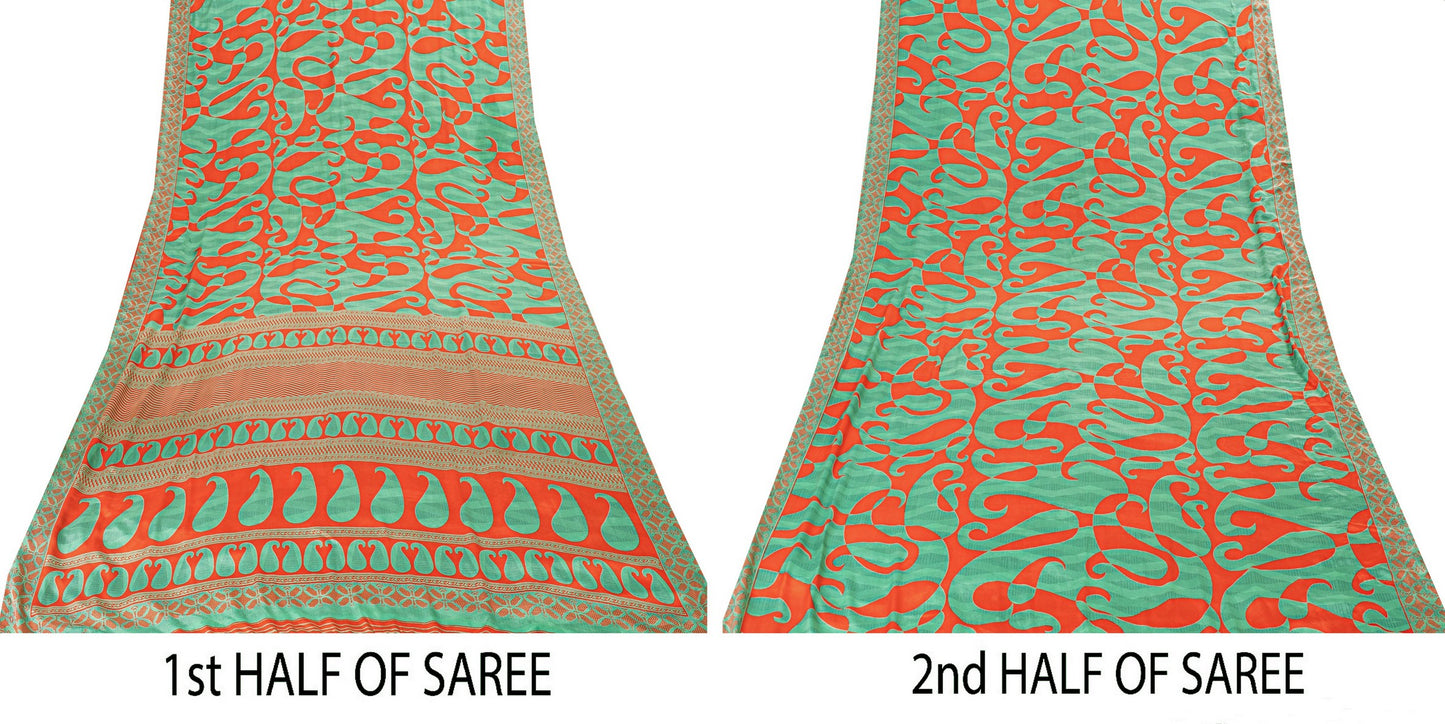 Sanskriti Vintage Sarees Craft Supplies Green Paisley Print 5YD Moss Crepe Sari