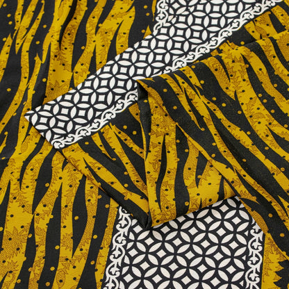 Sanskriti Vintage Saree Yellow & Black 5.5+Yd Moss Crepe Saree Abstract Geometric Printed Craft Sari For Crafting, Upcycling, or Wearing