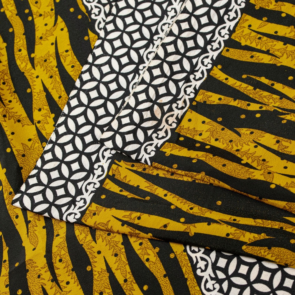 Sanskriti Vintage Saree Yellow & Black 5.5+Yd Moss Crepe Saree Abstract Geometric Printed Craft Sari For Crafting, Upcycling, or Wearing
