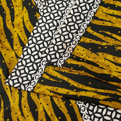 Sanskriti Vintage Saree Yellow & Black 5.5+Yd Moss Crepe Saree Abstract Geometric Printed Craft Sari For Crafting, Upcycling, or Wearing