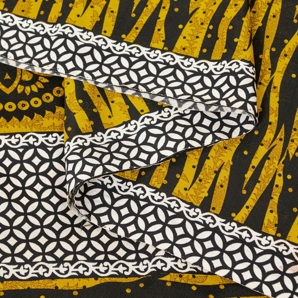 Sanskriti Vintage Saree Yellow & Black 5.5+Yd Moss Crepe Saree Abstract Geometric Printed Craft Sari For Crafting, Upcycling, or Wearing