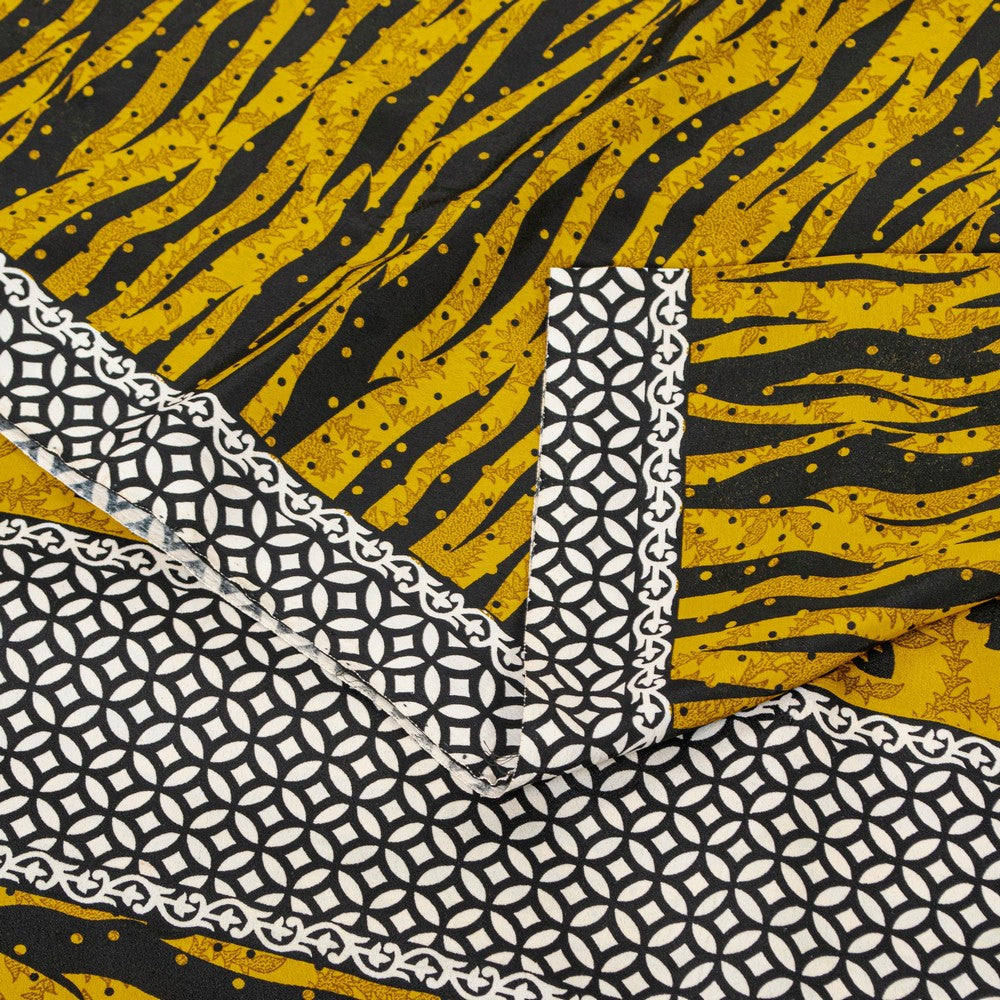 Sanskriti Vintage Saree Yellow & Black 5.5+Yd Moss Crepe Saree Abstract Geometric Printed Craft Sari For Crafting, Upcycling, or Wearing