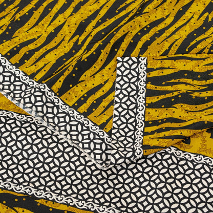 Sanskriti Vintage Saree Yellow & Black 5.5+Yd Moss Crepe Saree Abstract Geometric Printed Craft Sari For Crafting, Upcycling, or Wearing