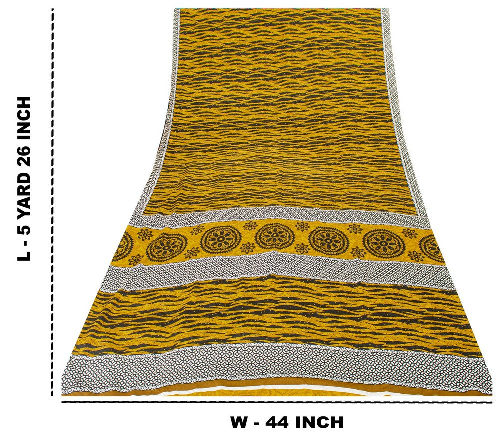 Sanskriti Vintage Saree Yellow & Black 5.5+Yd Moss Crepe Saree Abstract Geometric Printed Craft Sari For Crafting, Upcycling, or Wearing