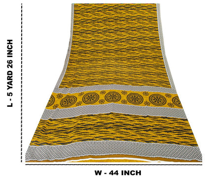 Sanskriti Vintage Saree Yellow & Black 5.5+Yd Moss Crepe Saree Abstract Geometric Printed Craft Sari For Crafting, Upcycling, or Wearing