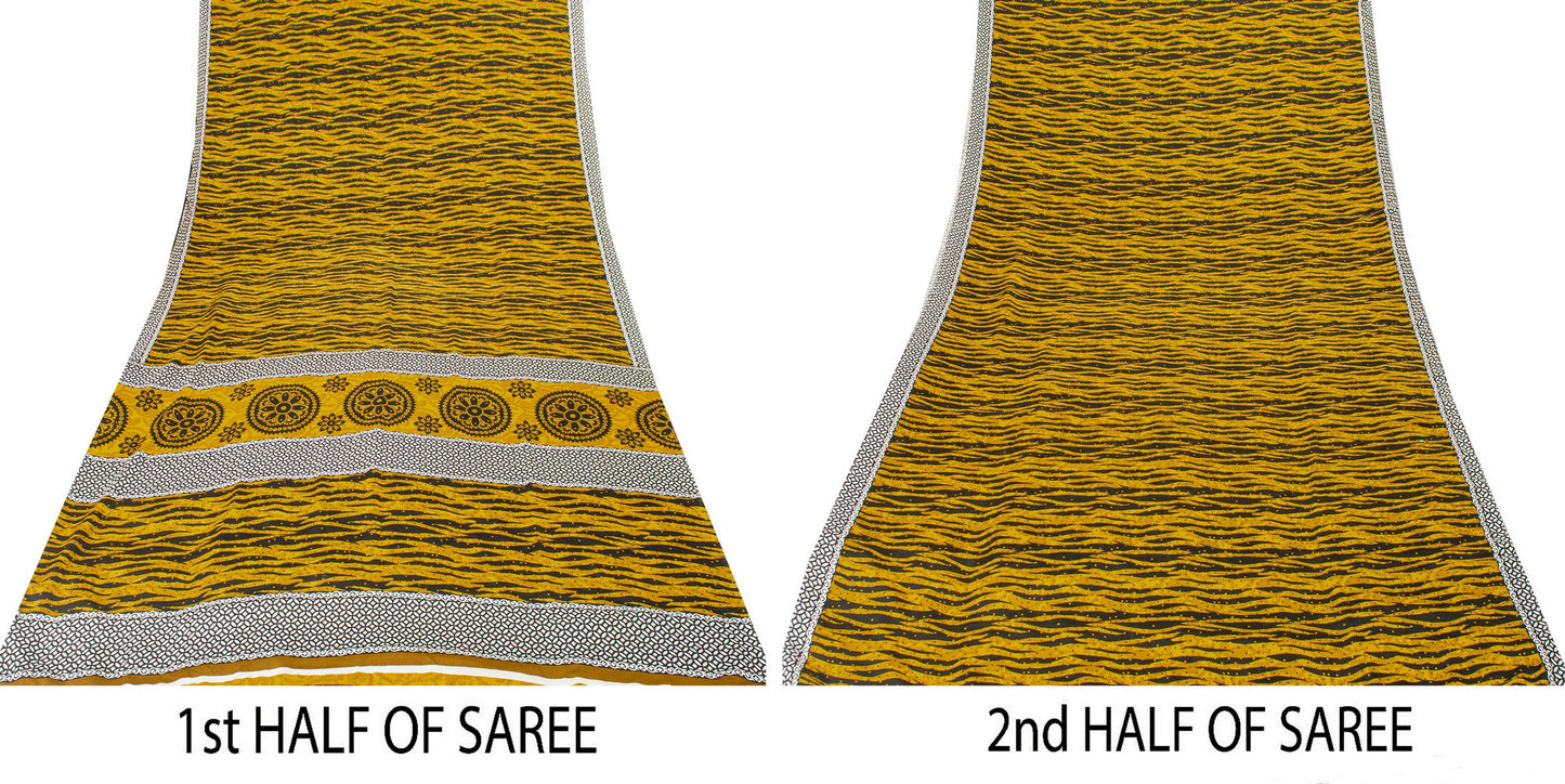Sanskriti Vintage Saree Yellow & Black 5.5+Yd Moss Crepe Saree Abstract Geometric Printed Craft Sari For Crafting, Upcycling, or Wearing