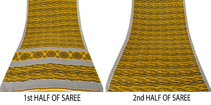 Sanskriti Vintage Saree Yellow & Black 5.5+Yd Moss Crepe Saree Abstract Geometric Printed Craft Sari For Crafting, Upcycling, or Wearing
