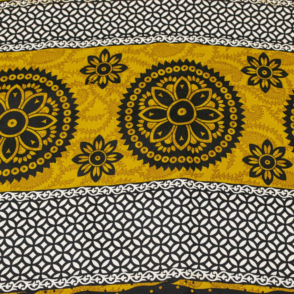 Sanskriti Vintage Saree Yellow & Black 5.5+Yd Moss Crepe Saree Abstract Geometric Printed Craft Sari For Crafting, Upcycling, or Wearing