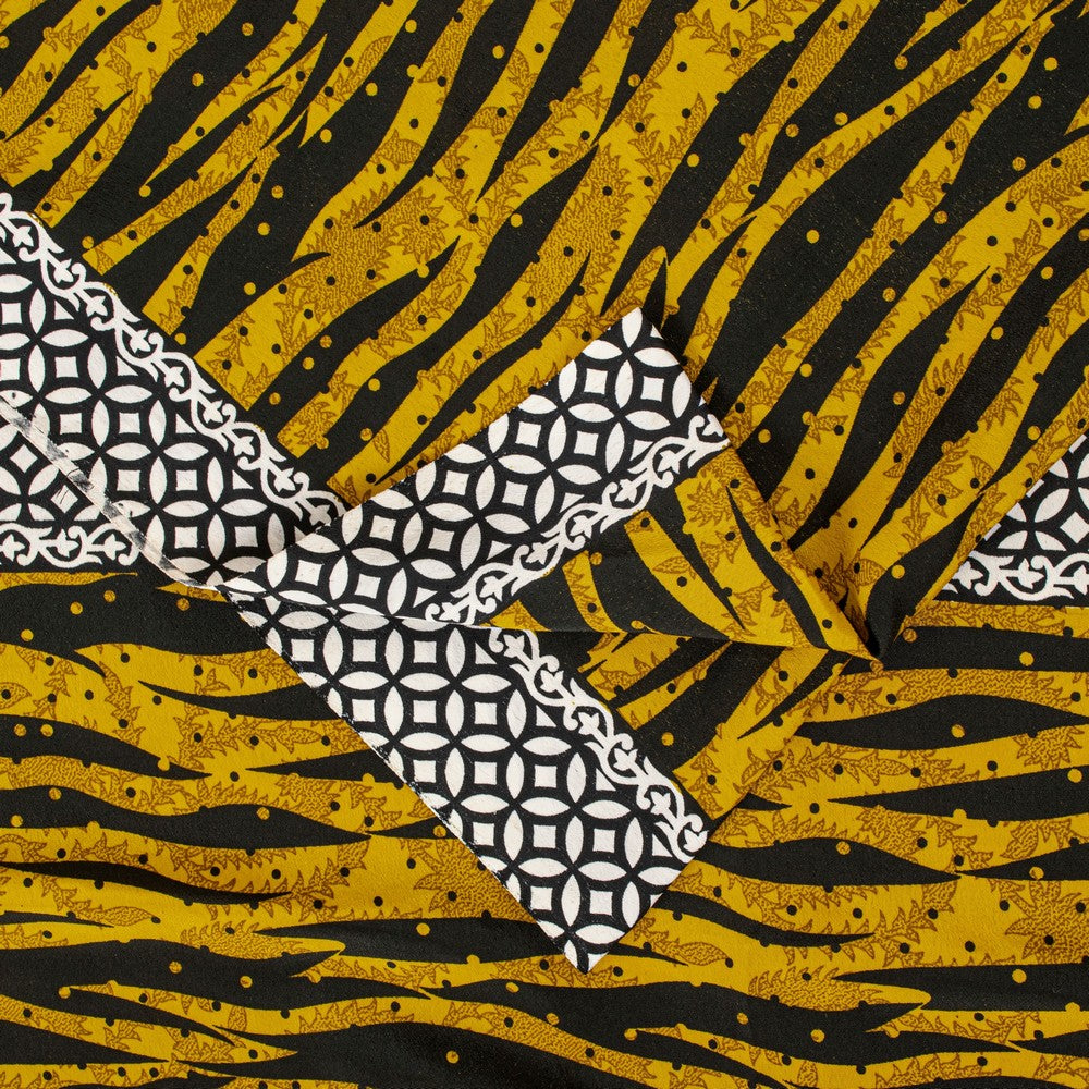 Sanskriti Vintage Saree Yellow & Black 5.5+Yd Moss Crepe Saree Abstract Geometric Printed Craft Sari For Crafting, Upcycling, or Wearing