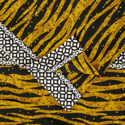 Sanskriti Vintage Saree Yellow & Black 5.5+Yd Moss Crepe Saree Abstract Geometric Printed Craft Sari For Crafting, Upcycling, or Wearing