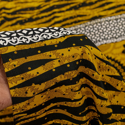 Sanskriti Vintage Saree Yellow & Black 5.5+Yd Moss Crepe Saree Abstract Geometric Printed Craft Sari For Crafting, Upcycling, or Wearing