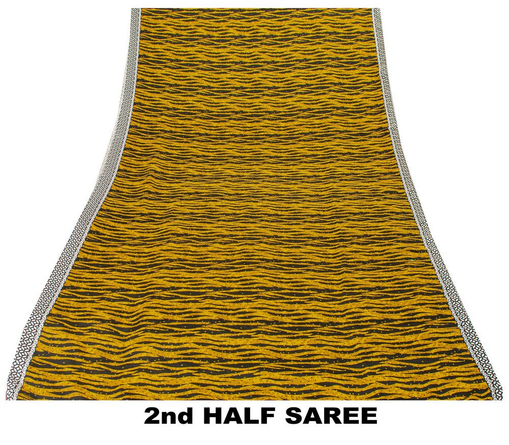 Sanskriti Vintage Saree Yellow & Black 5.5+Yd Moss Crepe Saree Abstract Geometric Printed Craft Sari For Crafting, Upcycling, or Wearing