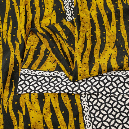 Sanskriti Vintage Saree Yellow & Black 5.5+Yd Moss Crepe Saree Abstract Geometric Printed Craft Sari For Crafting, Upcycling, or Wearing