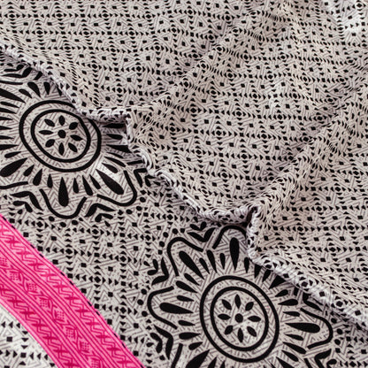 Sanskriti Vintage Saree White-Black 5.5+Yd Moss Crepe Saree Geometric Prined Sari Uses--Crafts Sewing Patchwork Home Decor, Dressmaking