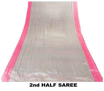 Sanskriti Vintage Saree White-Black 5.5+Yd Moss Crepe Saree Geometric Prined Sari Uses--Crafts Sewing Patchwork Home Decor, Dressmaking