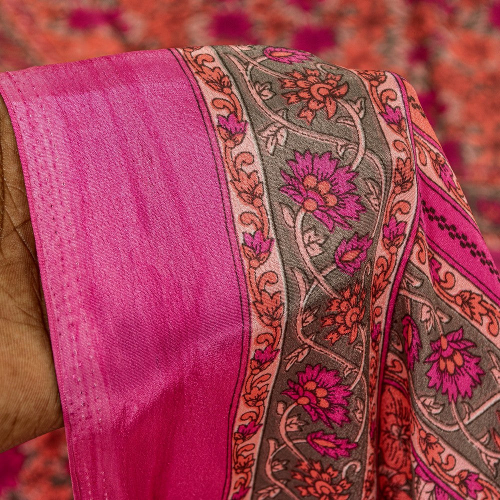 Sanskriti Vintage Sarees Craft Supplies Pink Floral Print 5+YD Moss Crepe Sari