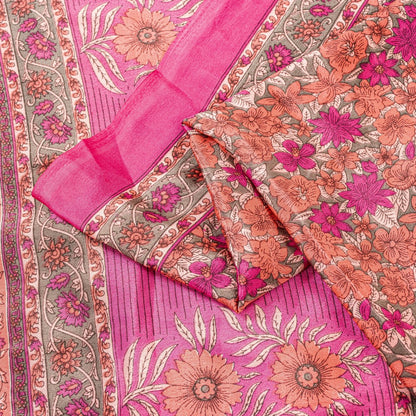 Sanskriti Vintage Sarees Craft Supplies Pink Floral Print 5+YD Moss Crepe Sari