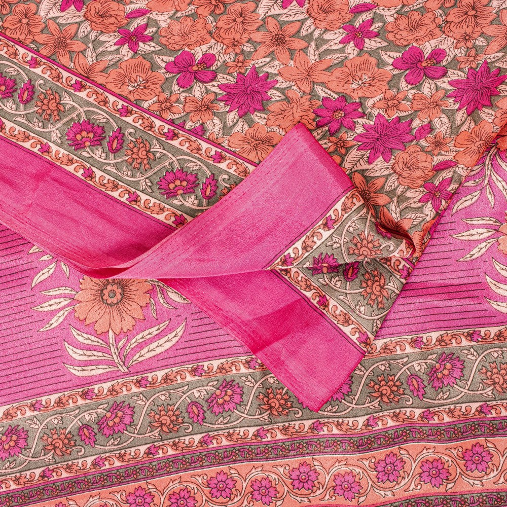 Sanskriti Vintage Sarees Craft Supplies Pink Floral Print 5+YD Moss Crepe Sari