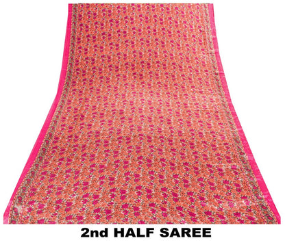 Sanskriti Vintage Sarees Craft Supplies Pink Floral Print 5+YD Moss Crepe Sari